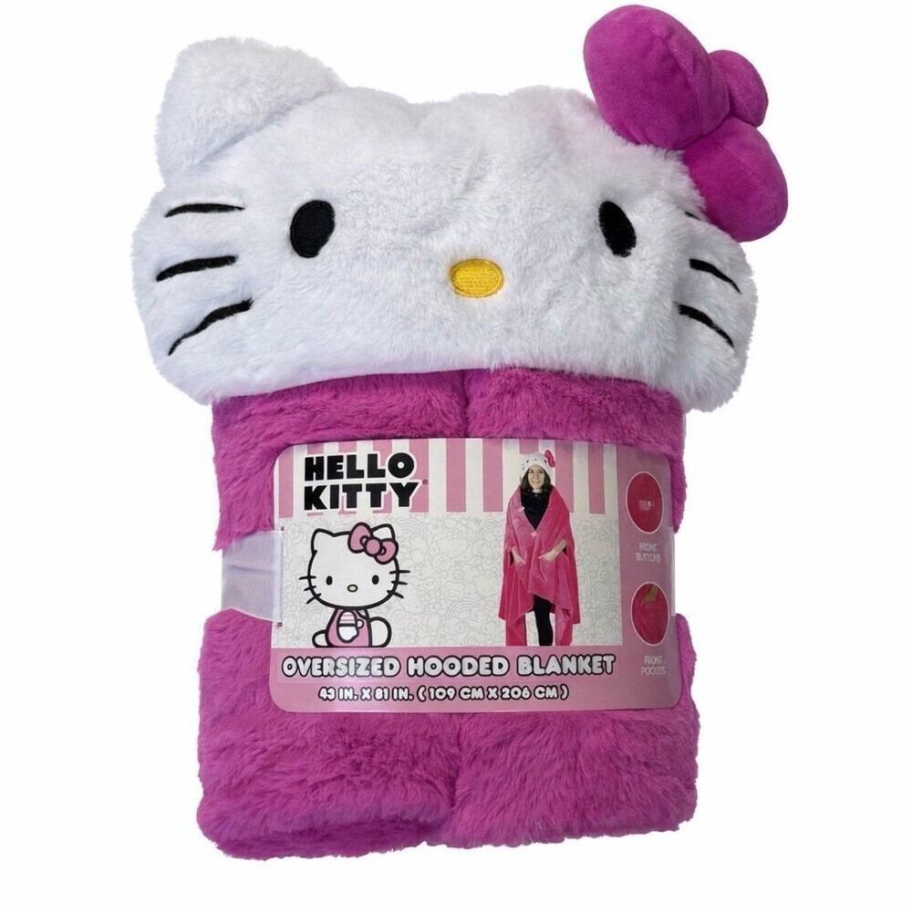 Sanrio Hello Kitty Pink Large Adult Hooded Blanket 43”X81” Pockets & Buttons NEW